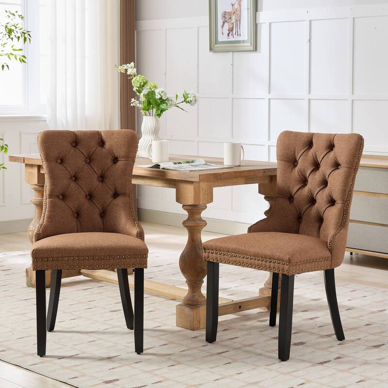 Set of 2 Linen Upholstered Dining Chair with Wood Legs, Nailhead Trim