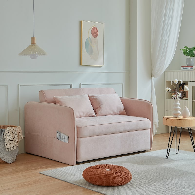 Chenille Fabric Loveseat Pull-out Sofa Bed with Adjustable Armrests