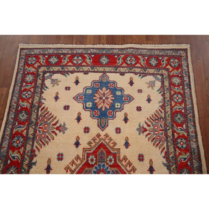 Kazak Accent Rug Handmade Geometric Beige Wool Carpet - 3'5" x 5'0"
