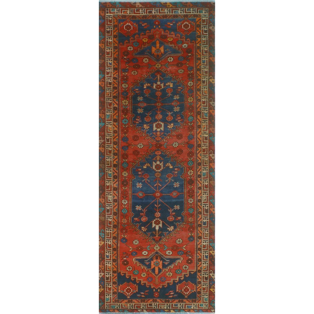 Fine Vintage Distressed Azamat Red/Navy Runner - 3'9" x 9'11"