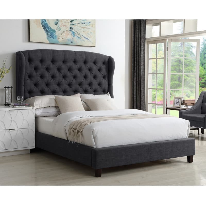 Kimberley Tufted Upholstered Wingback Bed Set, Queen Size - Charcoal