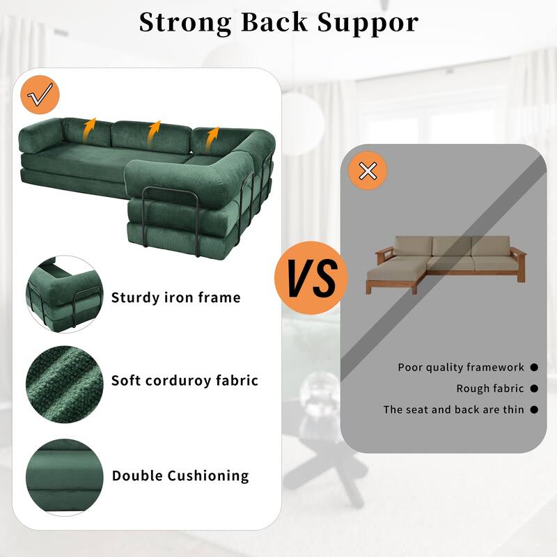 107" L-Shaped Convertible Modular Sofa with Iron Frame Support, Corduroy Upholstered Sectional Sleeper Couch for Living Room