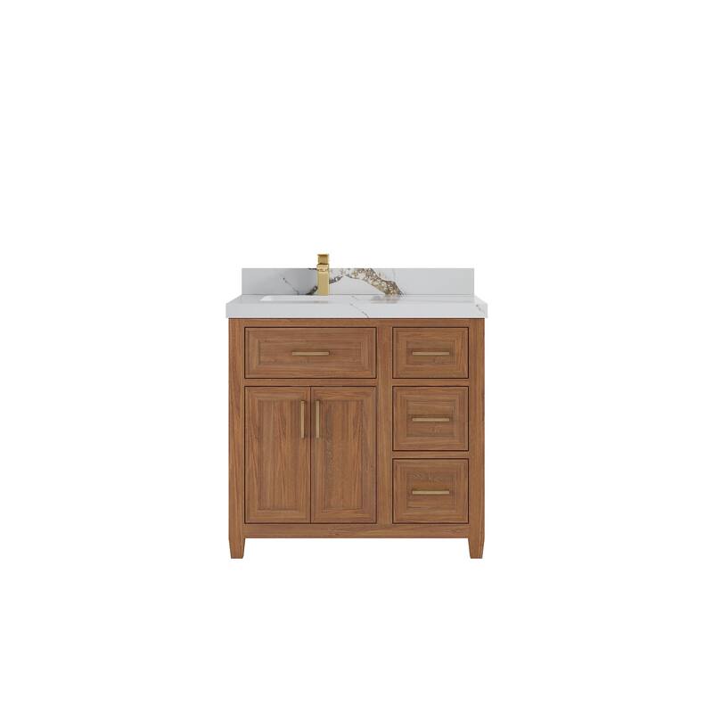 Willow Collections 36 in. W x 22 in. D Santa Monica Teak Left Offset Sink Bathroom Vanity with Countertop - 2”Calacatta Gold - Dark Natural Teak