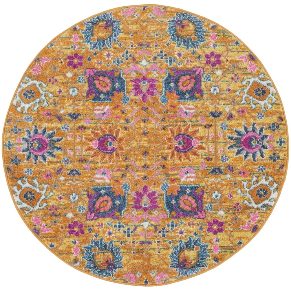 Caki Power Loomed Geometric Floral Area Rug By HomeRoots - 4' Round