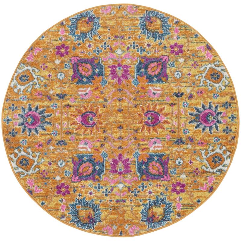 Round Loop Rug HomeRoots4' Gold Round Floral Power Loom Area Rug - 4' Round ...