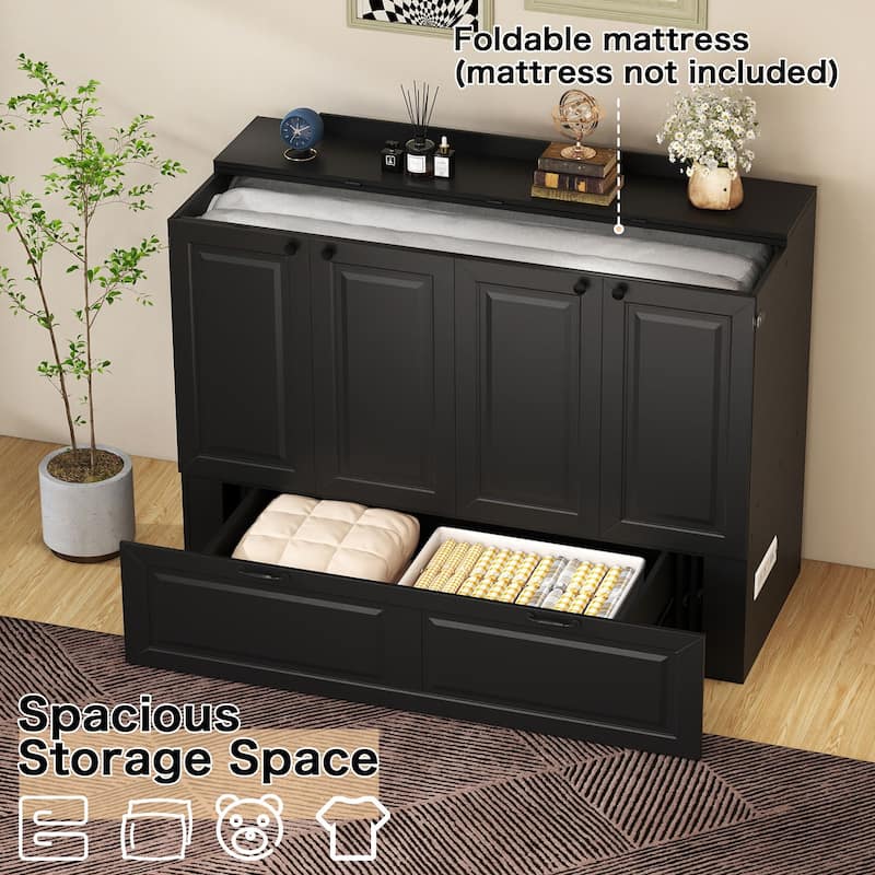 Murphy Bed Cabinet with Charging Port and Storage Drawer, White