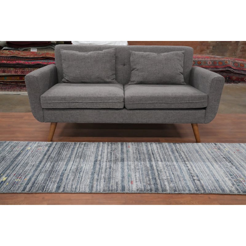 Hand Knotted Oriental Viscose Silk Carpet Tribal Animal Pictorial Greys & Charcoal Gabbeh Runner Rug - 11' 7'' X 2' 6''