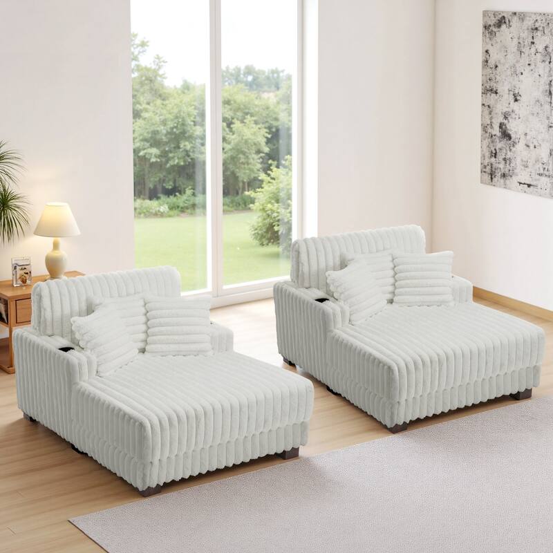 2 Set Modern Plush Sofa Chaise with Pillows and Cup Holder - Beige