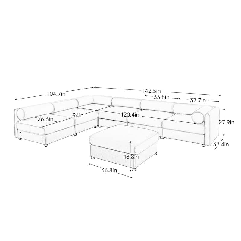 142.5" 6-Piece Chenille Modular Sectional Sofa with Storage, Cylindrical Design, and Easy Assembly