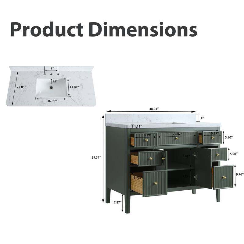 Modland 48" Bathroom Vanity with Sink, Soft Close Drawers & Doors, Carrara Marble Top, Fully Assembled - 48 inch