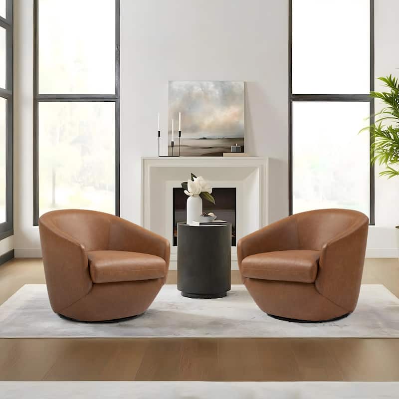 2 Set Vegan Leather Armchair Barrel Swivel Accent Chairs - PU Leather - Brown