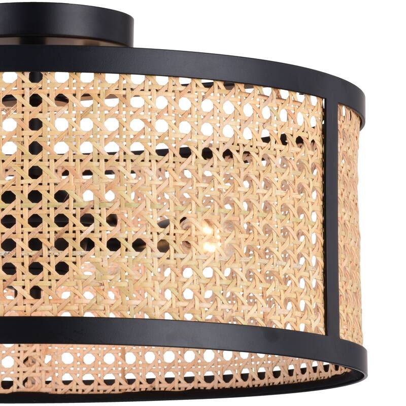 Berens 15.5-in W Matte Black Modern Farmhouse Drum Semi Flush Mount Ceiling Light with Rattan Cane Shade