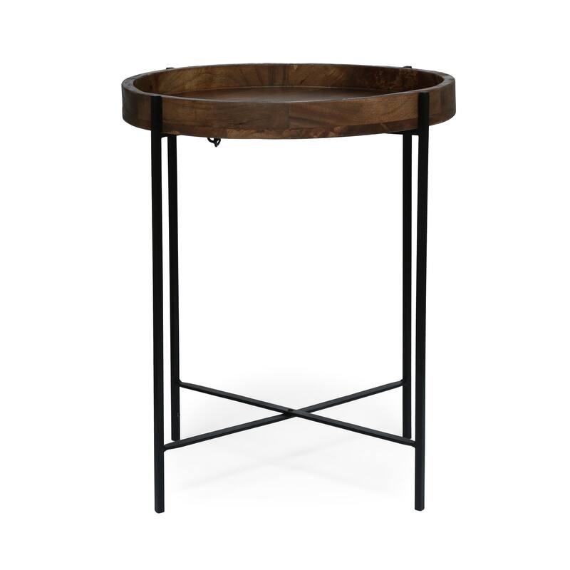 Peo Modern Side End Table, 22 Inch Round Wood Tray, Black Metal Base