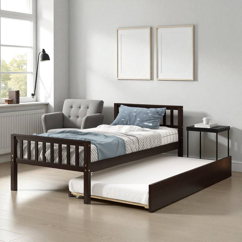 Twin Size Wooden Platform Bed with Trundle, Headboard and Footboard, Space-Saving Design for Guest or Small Bedroom