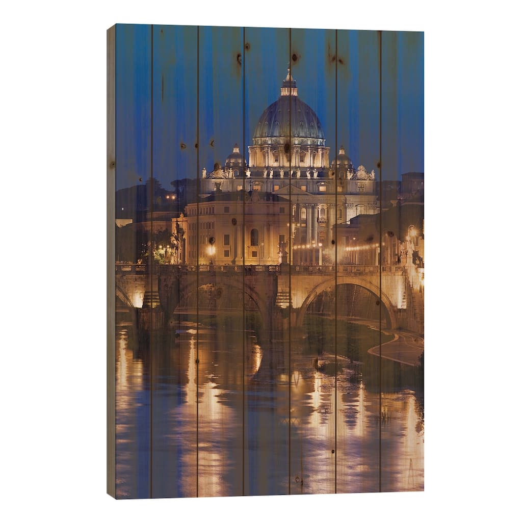 Italy, Rome, St. Peters Basilica, Tiber River night scene. Print On Wood by Jaynes Gallery - Multi-Color