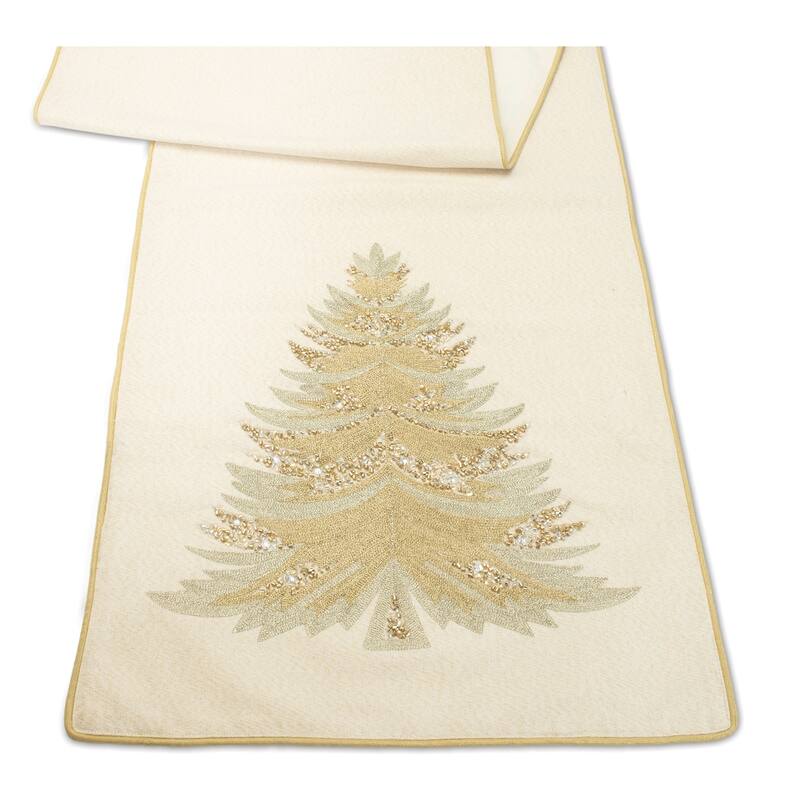 Embroidered Pine Tree Table Runner - 72" - Beige and Gold