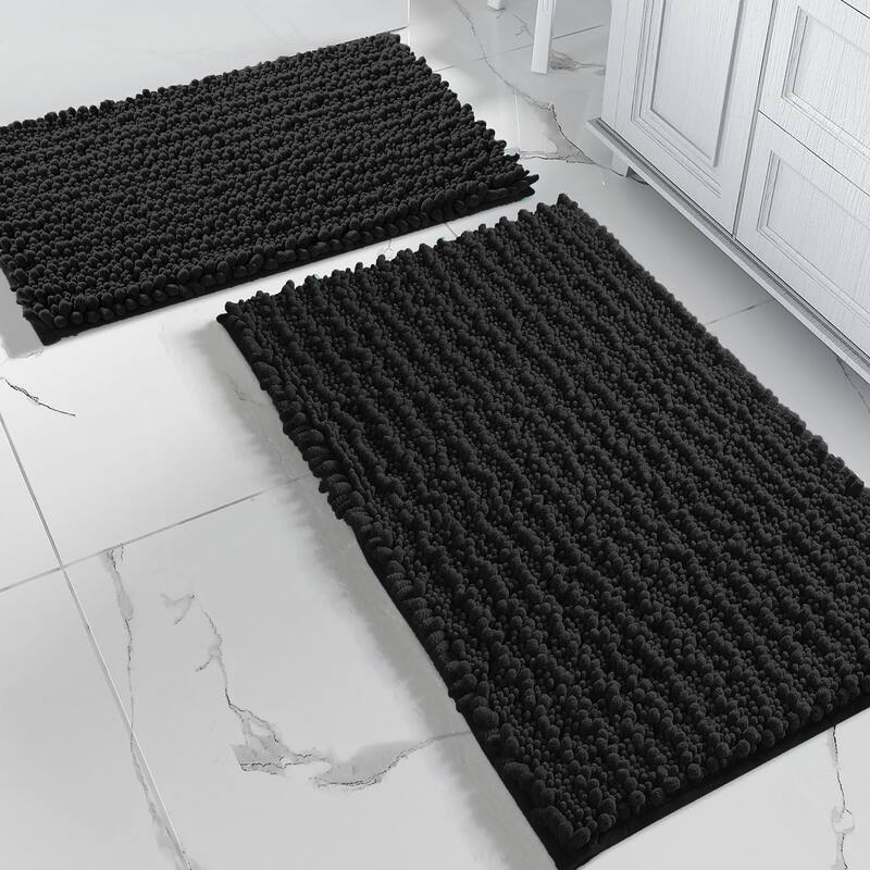 2 Piece Set Black Soft Cozy Plush Chenille Bath Mat Bathroom Rug - 24" x 16"/47" x 27" - Black