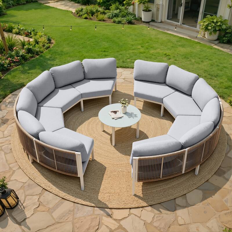 Outdoor All-Weather Aluminum Half Moon Curved Sofa Rattan Sectional Sofa Deep Seating Patio Outdoor Conversation Sets - 8-seater + 1 table - Light Grey
