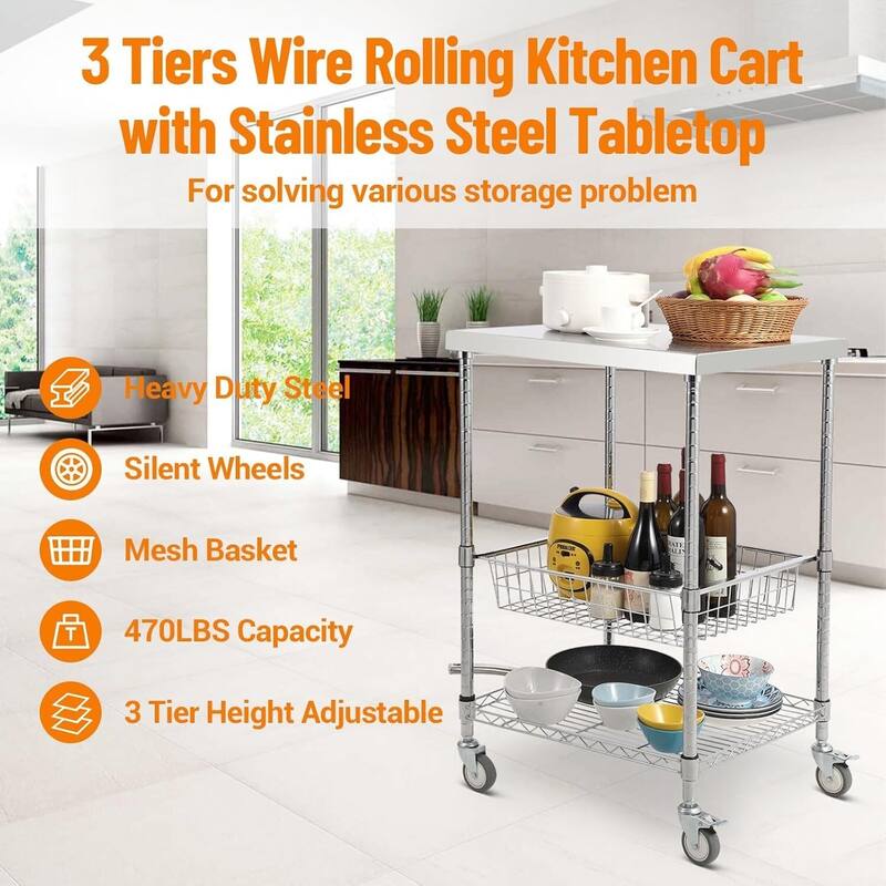 3 Tiers Wire Rolling Kitchen Utility Cart for Indoor & Outdoor - N/A
