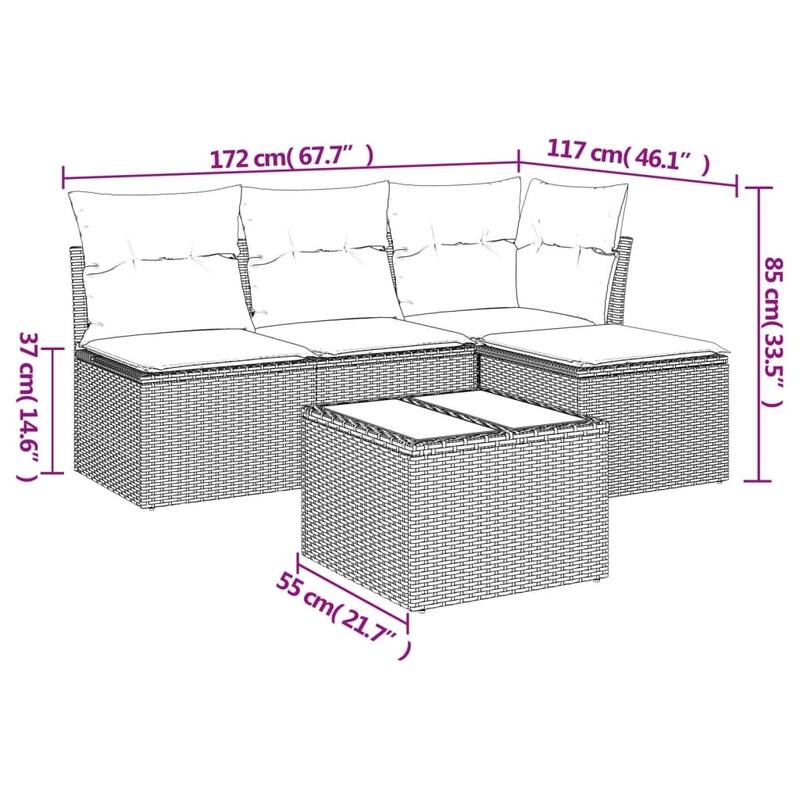 vidaXL 5 Piece Patio Sofa Set with Cushions Black Poly Rattan - 67.7x27.2x46.1-With table