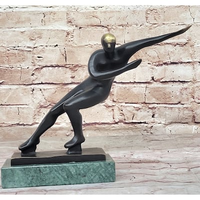 Abstract Modern Art Ice Skater Bronze Sculpture Green Marble Base Figurine Figure
