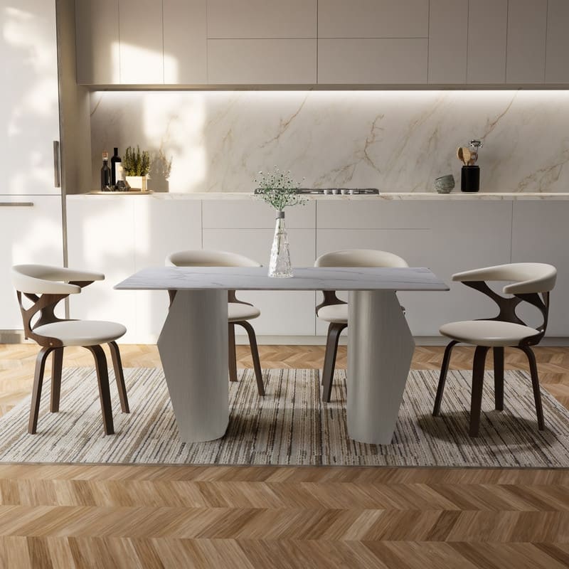 Zelan Mid-Century Modern Sintered Stone Dining Table - Rectangular Kitchen Table with Semi-Circular Steel Legs