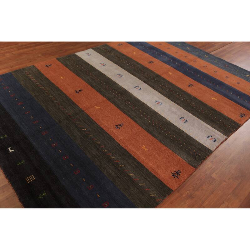 Striped Gabbeh Oriental Area Rug Hand-Knotted Wool Carpet - 6'7" x 9'6"