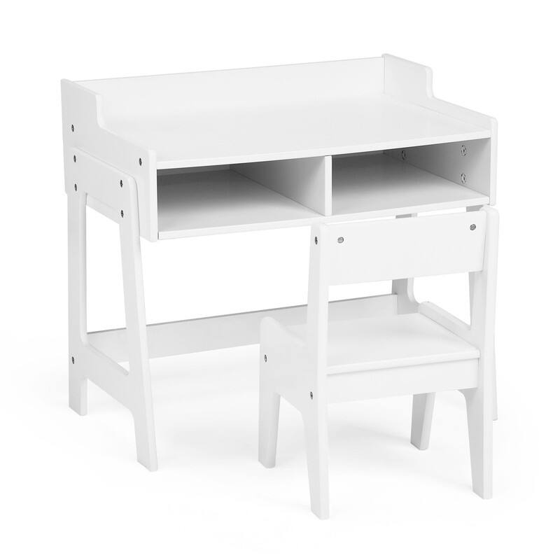 MDF Children's Study Desk And Chair Set With 2 Storage Compartments - White