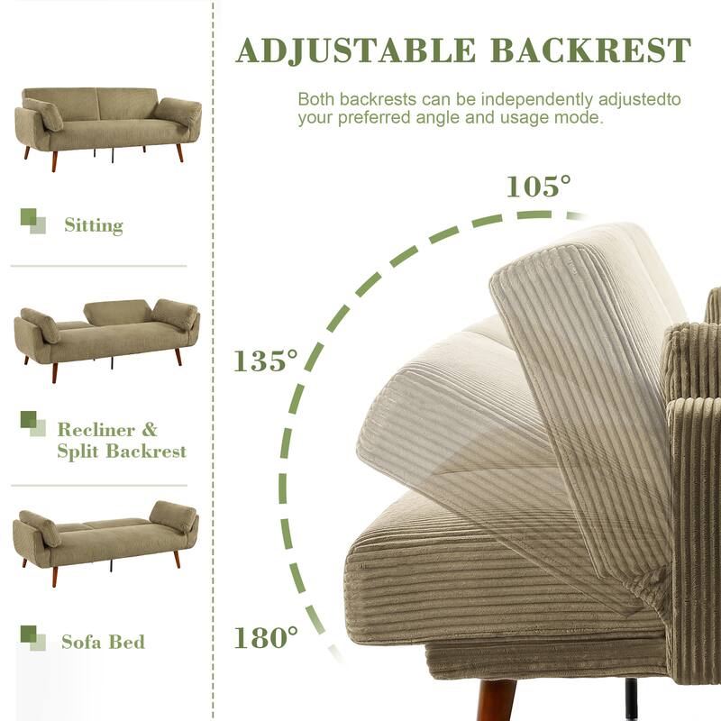 73" W Upholstered Corduroy Convertible Sleeper Sofa Bed with Pillows