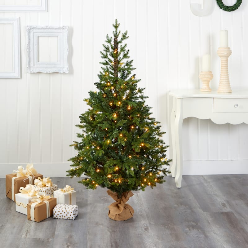 5ft. Fir Look Artificial Christmas Tree with 190 Clear LED Lights, Burlap Base & 1217 Branches - Rustic Holiday X-Mas Tree