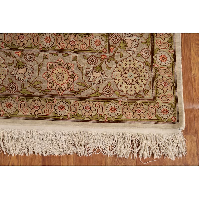 Hand Knotted Oriental Silk & Silver Carpet Traditional Floral Brown Hereke Area Rug - 5' 5'' X 3' 6''