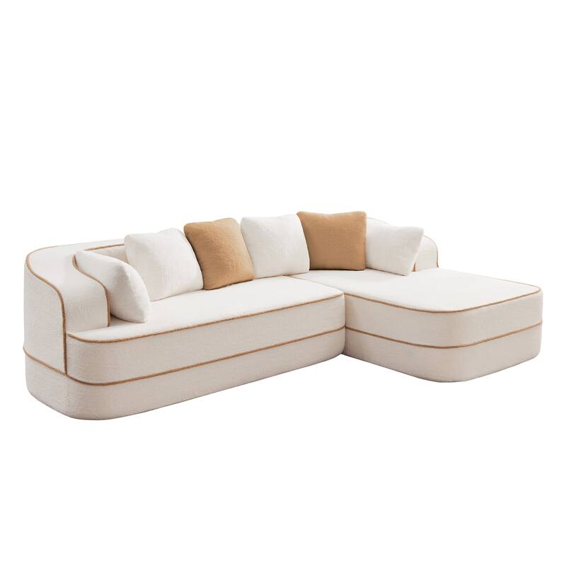 Teddy Fabric Contrast Sofa for Living Room, Upholstered Sectional Couch with L-Shaped Chaise, Boneless Couch with Throw Pillows