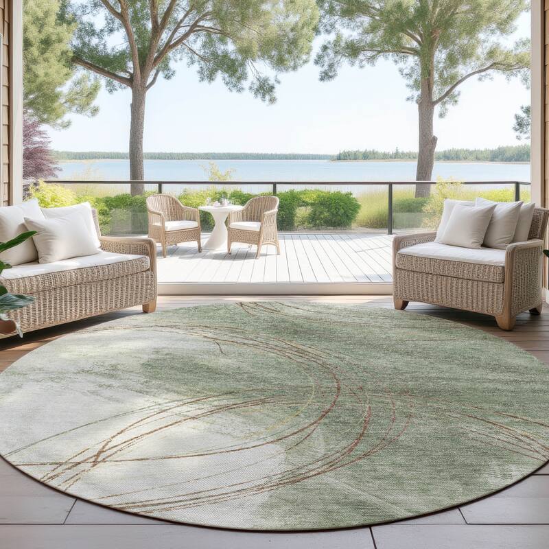 Machine Washable Indoor/ Outdoor Abstract Modern Chantille Rug - Aloe - 8' x 8'