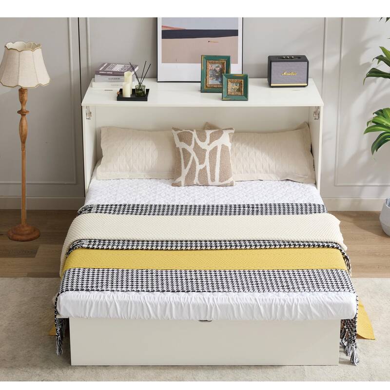 Queen Size Murphy Bed Cabinet with Storage Drawer, Folding Foam Mattress, USB & AC Charging Ports, and Smooth Glide Mechanism