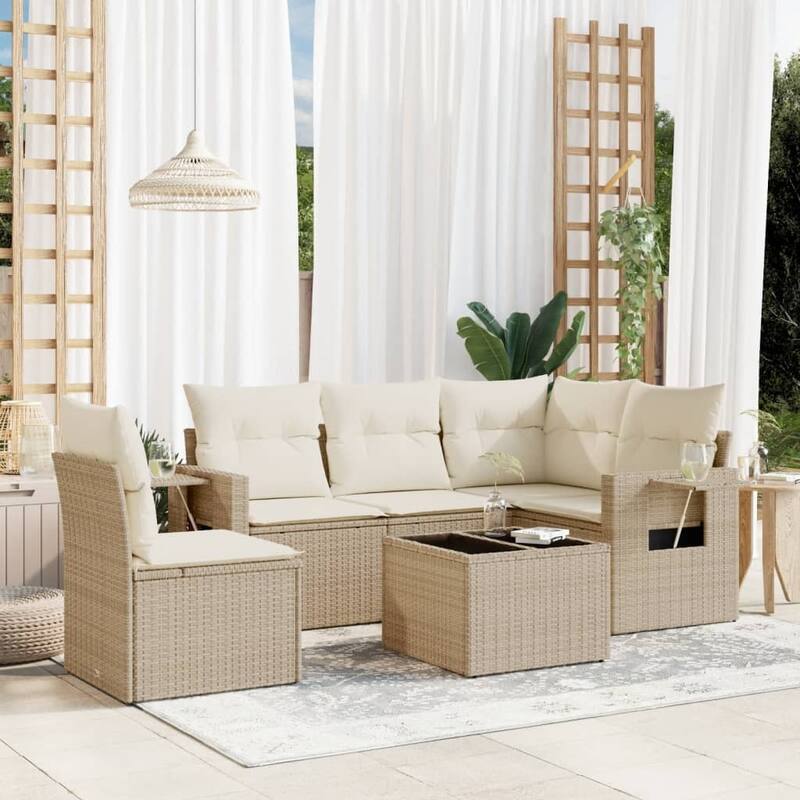vidaXL Patio Sofa Set with Cushions Outdoor Conversation Furniture Poly Rattan - Beige With table - 24.4 x 33.5 x 27.2