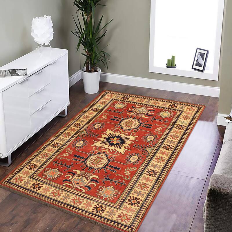 Southwestern Super Kazak Koa Rust/Beige Hand Knotted Wool Rug - 4'0'' x 6'2''