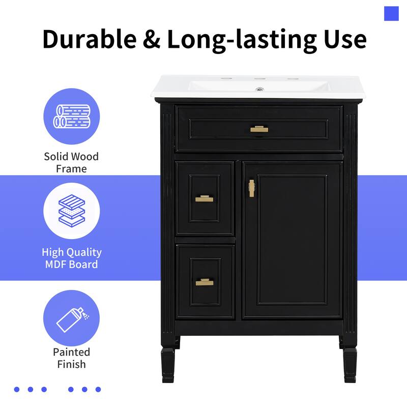 24 Inch Bathroom Vanity with Sink, Flip Drawer and Two Soft-Close Drawers