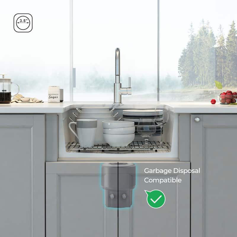 White Fireclay Farmhouse Undermount Kitchen Sink with Bottom Grid and Strainer