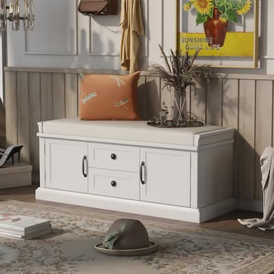 Storage Bench with 2 Drawers and 2 Cabinets, Shoe Bench with Removable Cushion