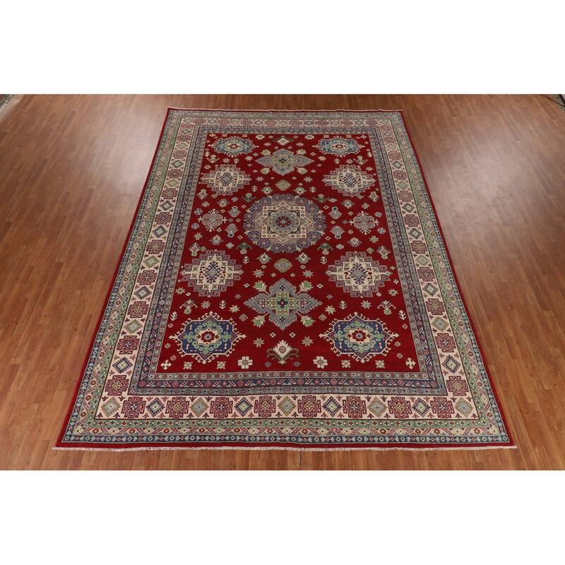 Geometric Red Large Kazak Oriental Area Rug Hand-Knotted Wool Carpet - 10'0" x 13'9"