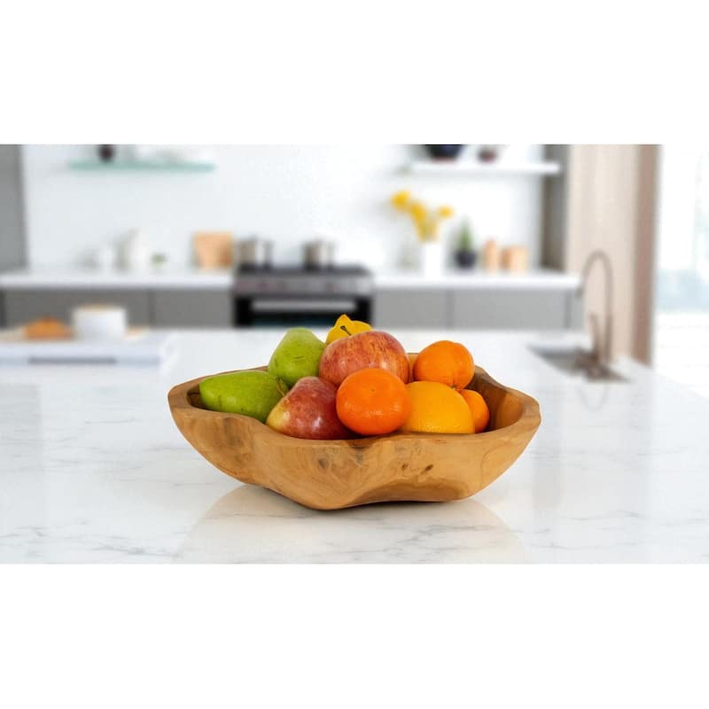 13" Solid Wood Fruit Bowl - Hand Carved Decorative Serving Bowl, Natural Rustic Home Decor - 13" wide x 11" deep x 3" tall
