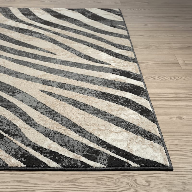 Abani Rugs TER160A Beige Black Diagonal Zebra Pattern Area Rug