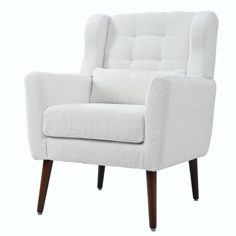 Clearance Sale Modern Accent Chair, Teddy Fabric Living Room Lounge Chairs with Wooden Legs Accent Chairs, White