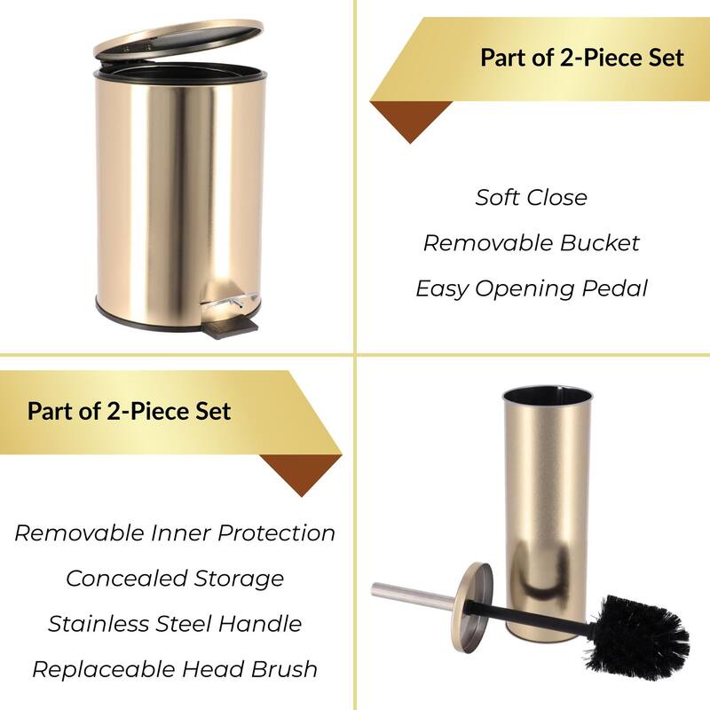 Brushed Gold Bathroom Set 0.8 Gal Trash Can and Toilet Bowl Brush - 6.1"L x 6.1"W x 15"H