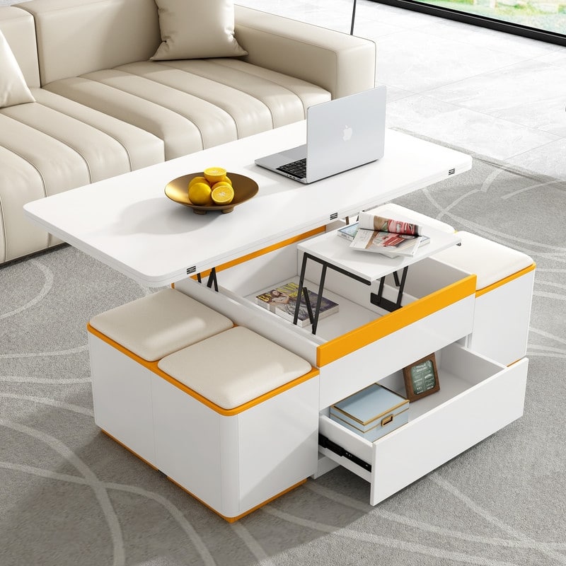 Lift-Top Coffee Table with 4 Storage Stools, Modern Space Saving Center Table with Foldable Top - White