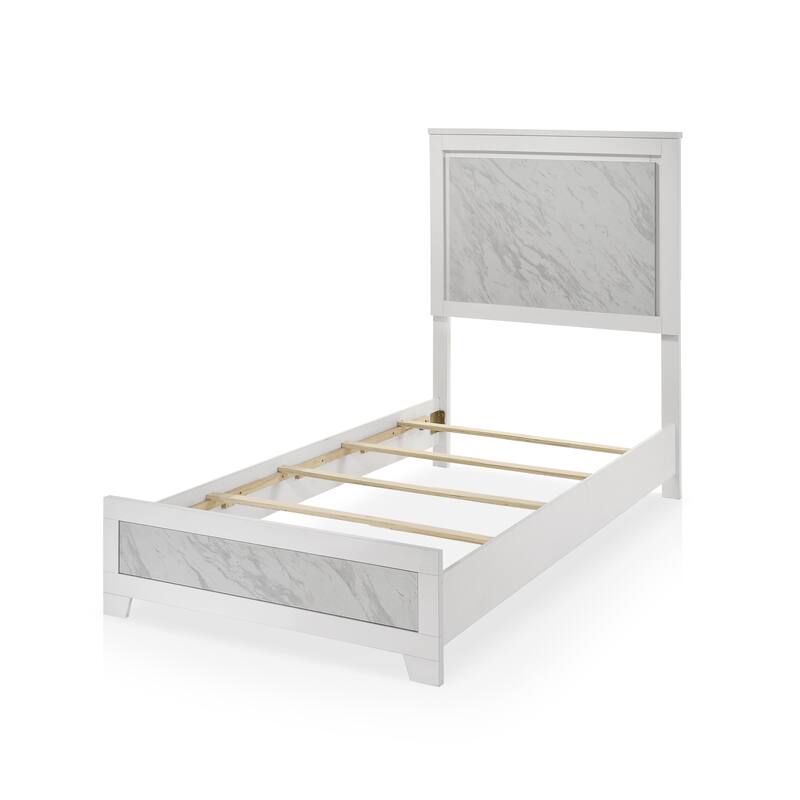Furniture of America Loris Modern White Kids Panel Bed with Faux Marble Headboard