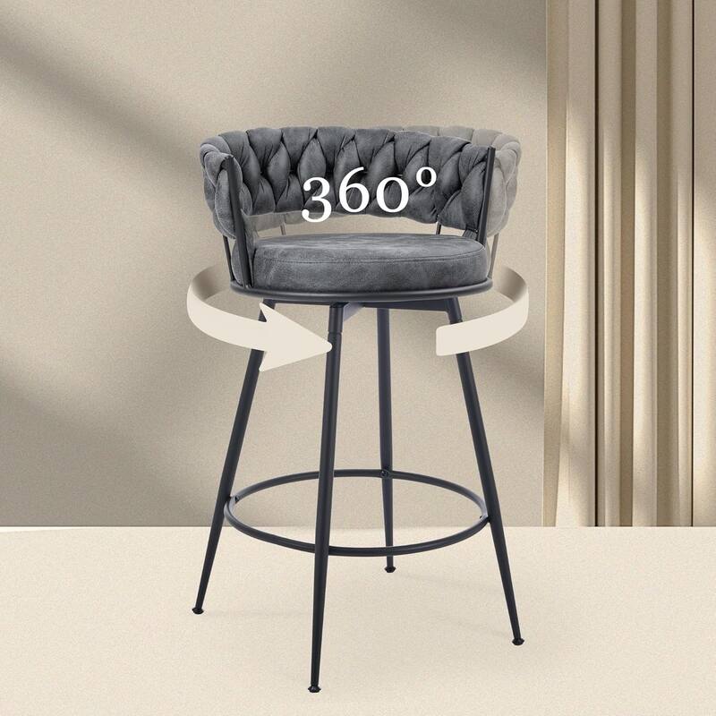 XINMICS 360° Swivel Bar Stools, 24 Inches Modern Counter Height Bar Stools with Woven Back, Upholstered Suede Tall Barstools