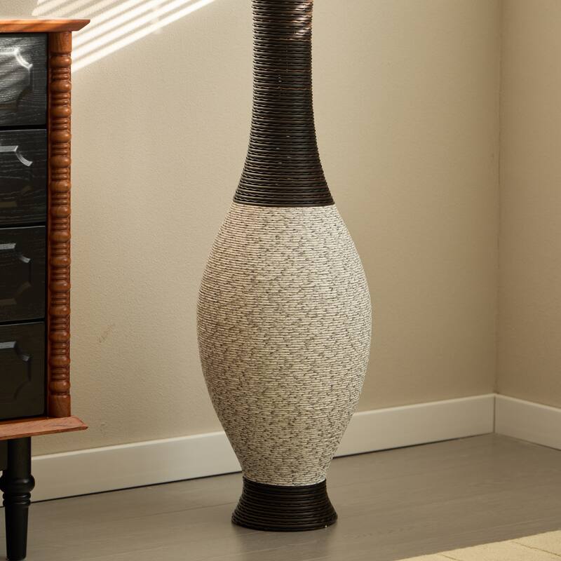 39-Inch Tall Standing Designer Floor Vase - Durable Artificial Rattan - Elegant Two-Tone Dark Brown Finish Statement Piece