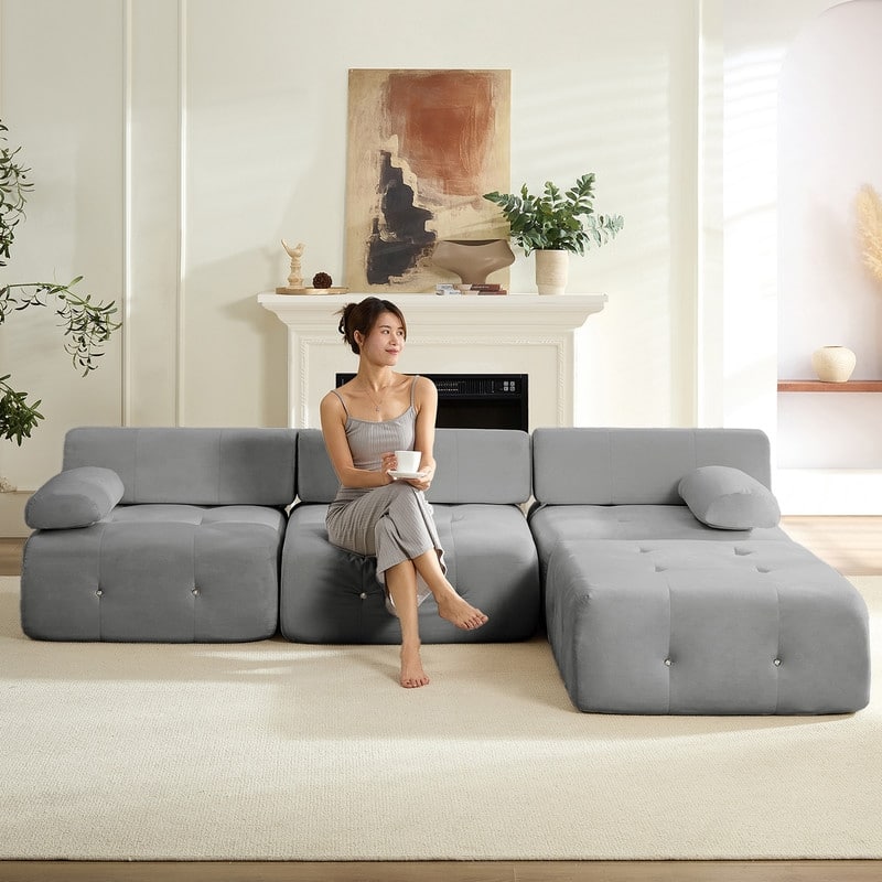 Mixoy 100inch Modular Sectional Sofa with Ottoman,Velvet 3-Seater L-Shaped Couch for Living Room - 100.4"w x 66.9"D x 24.8"H