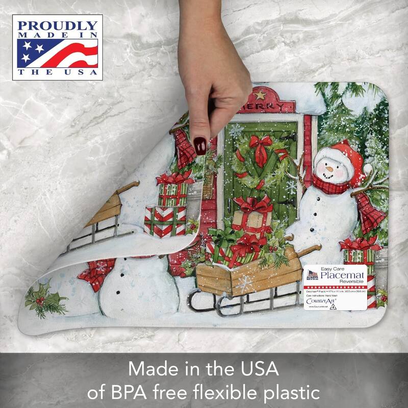 CounterArt Snowman's Farmhouse Reversible Easy Care Flexible Plastic Placemat 4 Pack Made in The USA